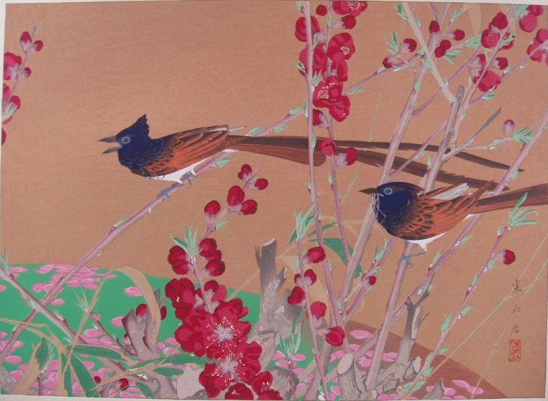 Scarlet(-flowering) Peach and Japanese Paradise-flycatchers (Mid Spring), Rakusan Tsuchiya